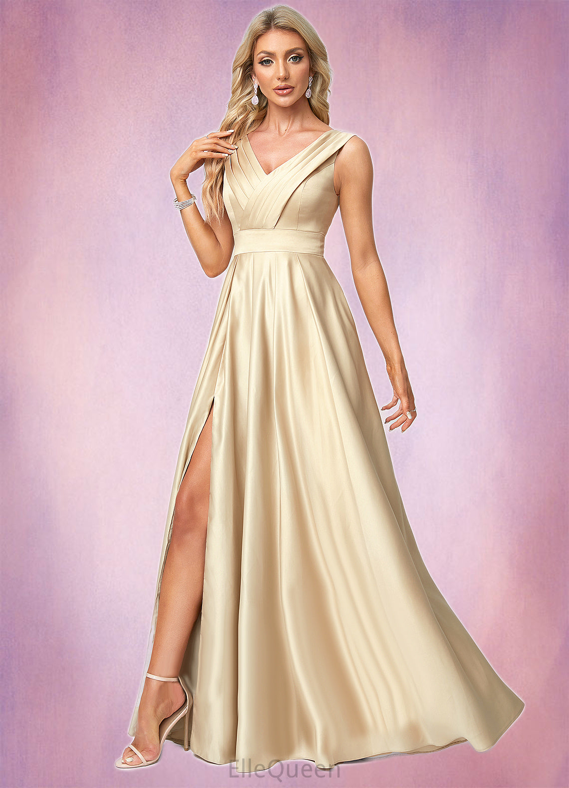 Jamya A-line V-Neck Floor-Length Satin Bridesmaid Dress DGP0022612