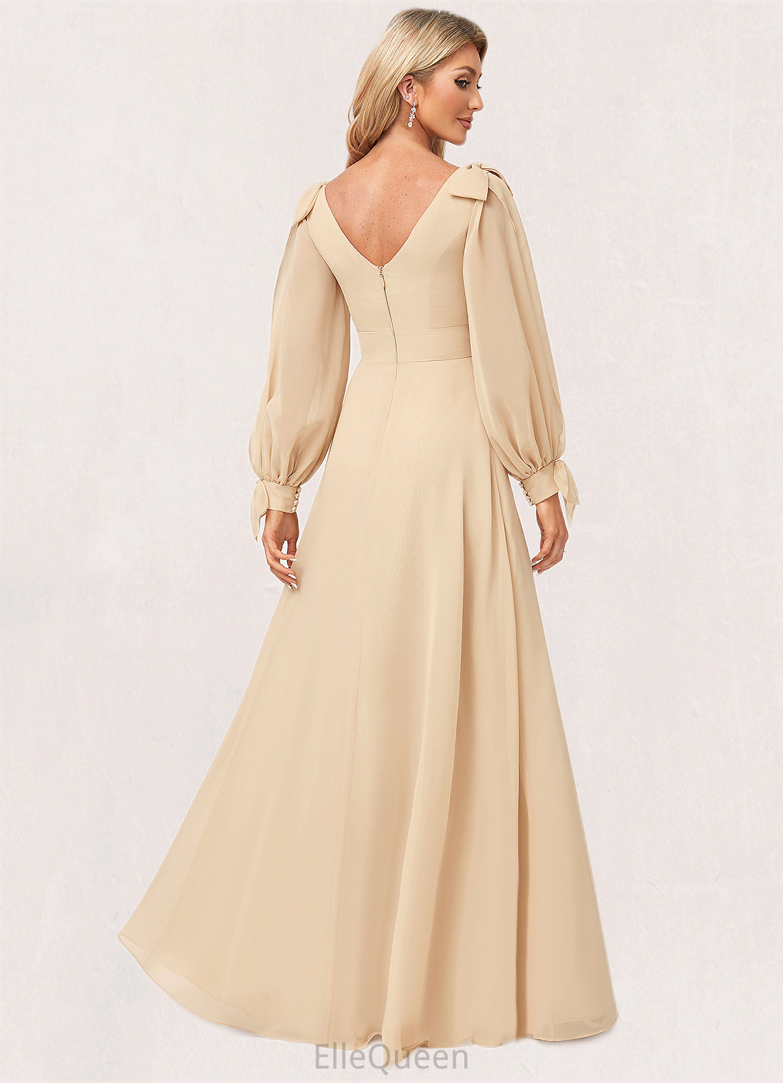 April A-line V-Neck Floor-Length Chiffon Bridesmaid Dress With Bow DGP0022613