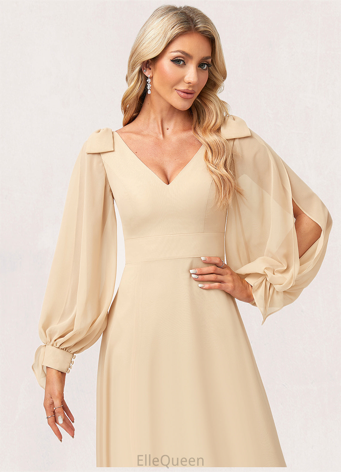 April A-line V-Neck Floor-Length Chiffon Bridesmaid Dress With Bow DGP0022613