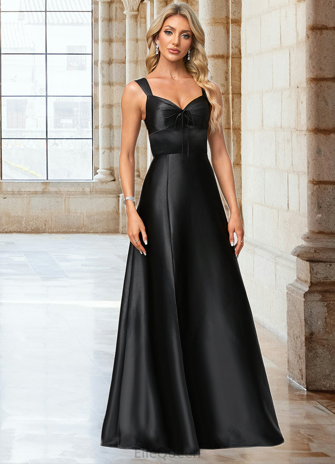Aracely A-line V-Neck Floor-Length Stretch Satin Bridesmaid Dress With Bow DGP0022615