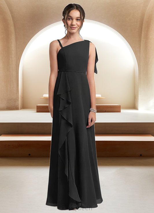 Jaycee A-Line Bow Chiffon Floor-Length Junior Bridesmaid Dress black DGP0022850
