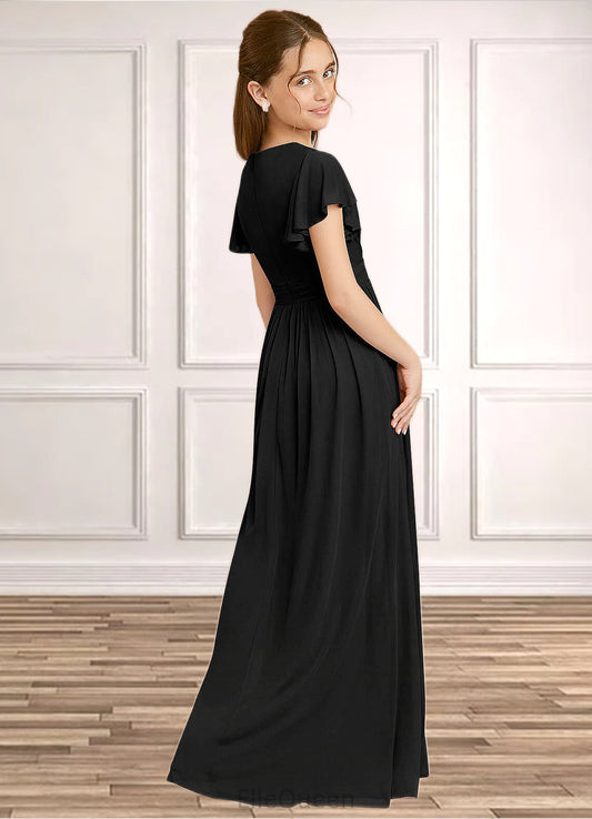 Jaylyn A-Line Ruched Mesh Floor-Length Junior Bridesmaid Dress black DGP0022857