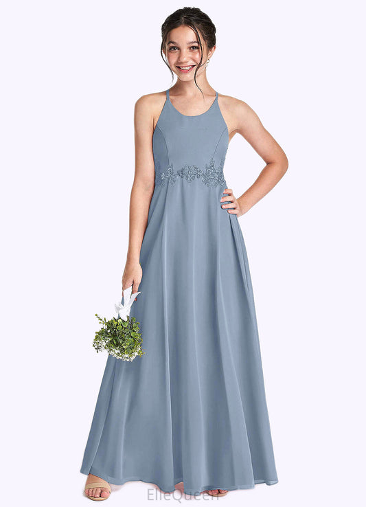 Karen A-Line Lace Chiffon Floor-Length Junior Bridesmaid Dress dusty blue DGP0022860