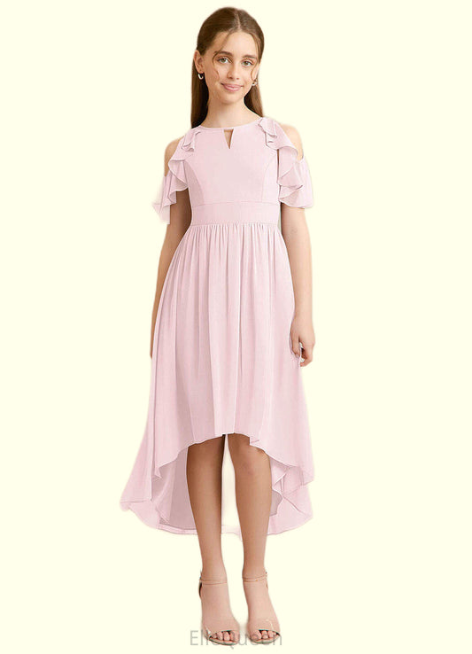 Cynthia A-Line Ruched Chiffon Asymmetrical Junior Bridesmaid Dress Blushing Pink DGP0022862