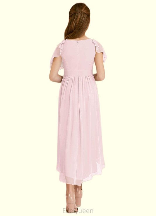 Cynthia A-Line Ruched Chiffon Asymmetrical Junior Bridesmaid Dress Blushing Pink DGP0022862