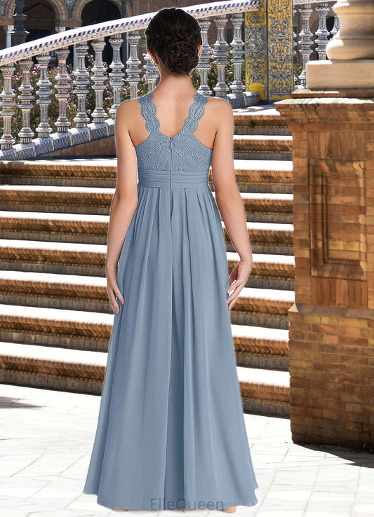 Amina A-Line Lace Chiffon Floor-Length Junior Bridesmaid Dress dusty blue DGP0022871