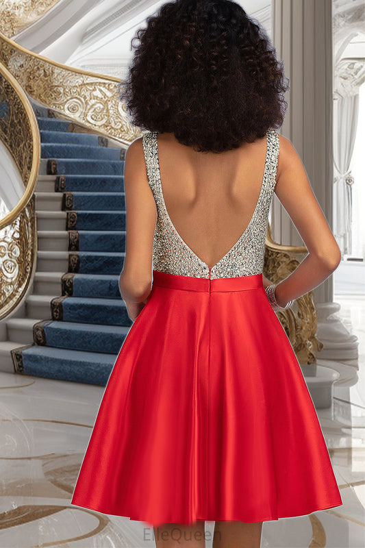 Abigail A-line V-Neck Short/Mini Satin Homecoming Dress With Beading Sequins DGP0020569
