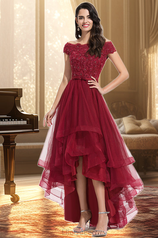 Anastasia A-line Off the Shoulder Asymmetrical Lace Tulle Homecoming Dress With Beading Bow Sequins DGP0020535