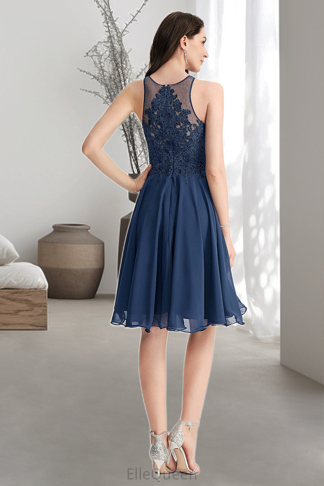 Lilly A-line Scoop Knee-Length Chiffon Lace Homecoming Dress With Beading DGP0020515