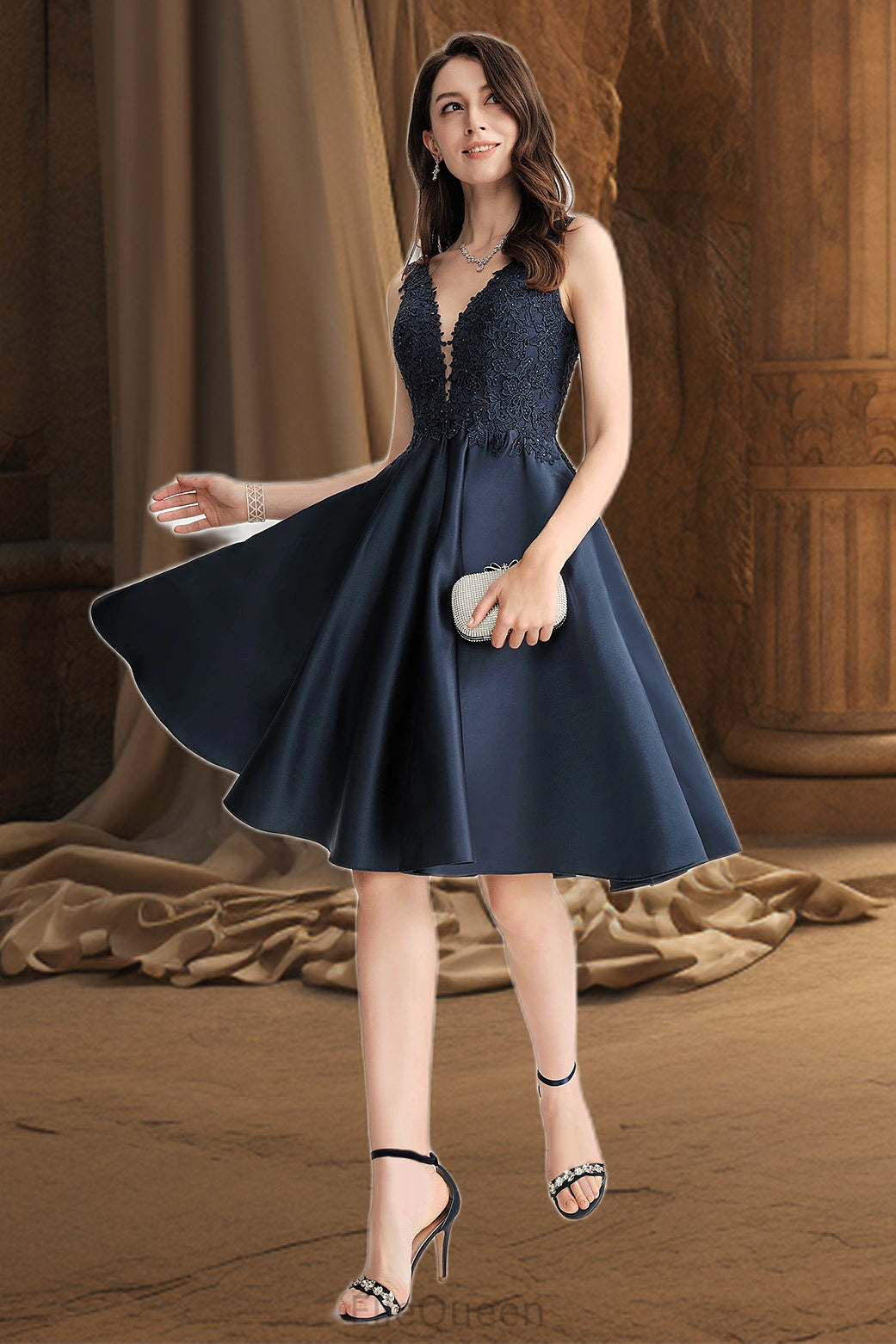 Baylee A-line V-Neck Knee-Length Lace Satin Homecoming Dress With Beading DGP0020517