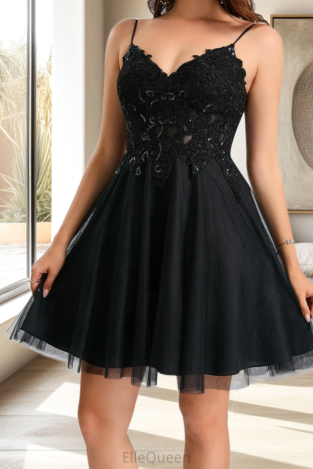 Lydia A-line V-Neck Short/Mini Tulle Homecoming Dress With Sequins DGP0020462