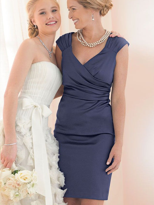 Everleigh Sheath/Column Charmeuse Ruched V-neck Short Sleeves Knee-Length Mother of the Bride Dresses DGP0020327