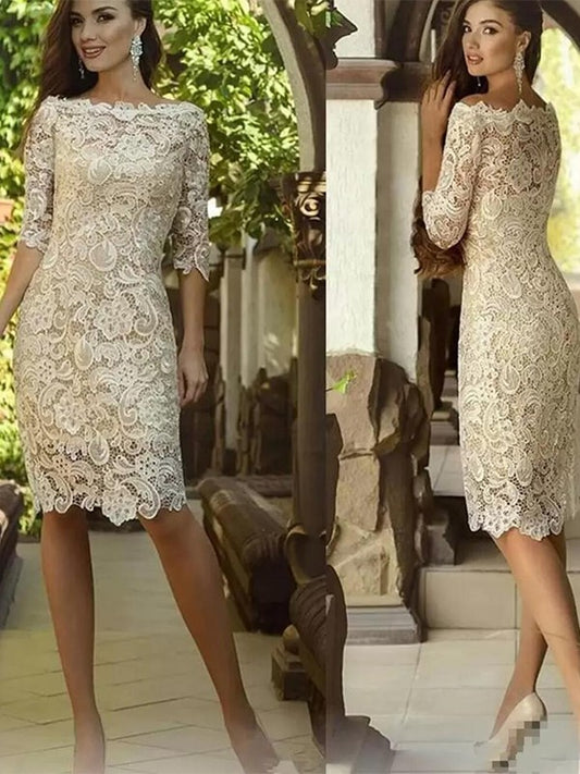 Nadine Sheath/Column Lace Applique Off-the-Shoulder 3/4 Sleeves Knee-Length Mother of the Bride Dresses DGP0020398