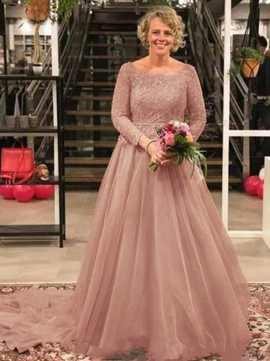 Kaylee A-Line/Princess Tulle Applique Scoop Long Sleeves Court Train Mother of the Bride Dresses DGP0020413