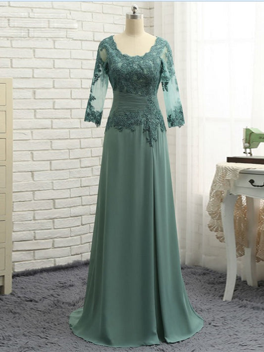 Miley A-Line/Princess Chiffon Applique Scoop 3/4 Sleeves Sweep/Brush Train Mother of the Bride Dresses DGP0020418