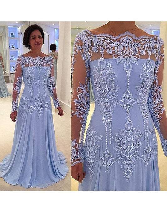 Quinn A-Line/Princess Chiffon Applique Scoop Long Sleeves Sweep/Brush Train Mother of the Bride Dresses DGP0020420
