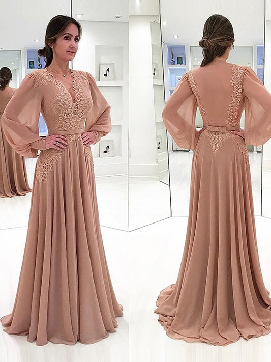 Anahi A-Line/Princess Chiffon Lace V-neck Long Sleeves Sweep/Brush Train Mother of the Bride Dresses DGP0020421