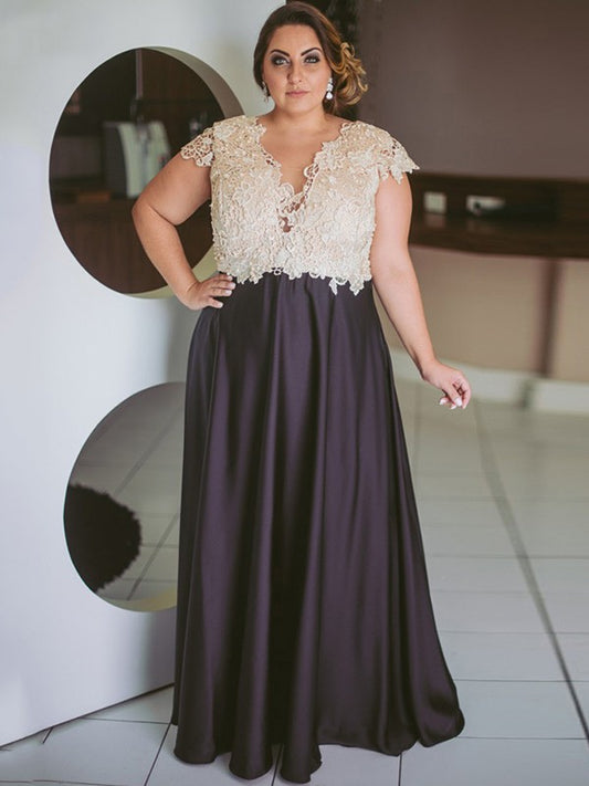 Pamela A-Line/Princess Satin Lace V-neck Short Sleeves Floor-Length Mother of the Bride Dresses DGP0020374