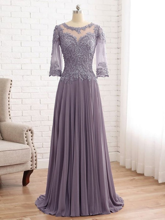 Belinda A-Line/Princess Chiffon Lace Scoop 3/4 Sleeves Sweep/Brush Train Mother of the Bride Dresses DGP0020455