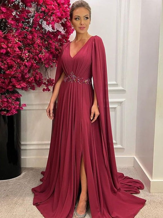 Victoria A-Line/Princess Chiffon Ruched V-neck Long Sleeves Court Train Mother of the Bride Dresses DGP0020287