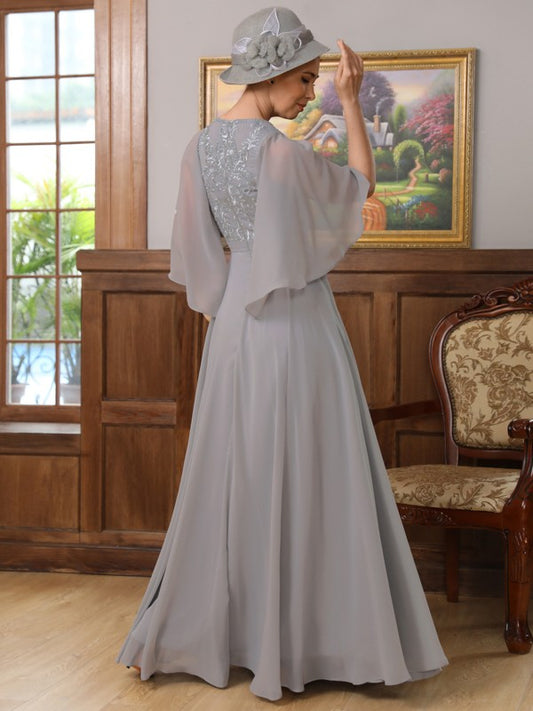 Sophronia A-Line/Princess Chiffon Applique V-neck 1/2 Sleeves Floor-Length Mother of the Bride Dresses DGP0020334