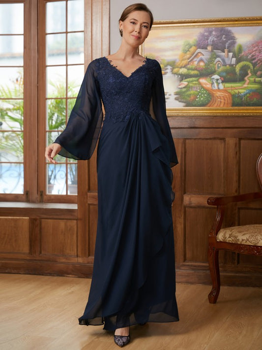 Peyton A-Line/Princess Chiffon Applique V-neck Long Sleeves Floor-Length Mother of the Bride Dresses DGP0020335