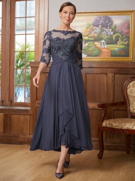 Prudence A-Line/Princess Chiffon Applique Scoop 3/4 Sleeves Asymmetrical Mother of the Bride Dresses DGP0020346