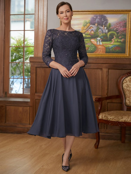 Karly A-Line/Princess Chiffon Lace Scoop 3/4 Sleeves Tea-Length Mother of the Bride Dresses DGP0020347
