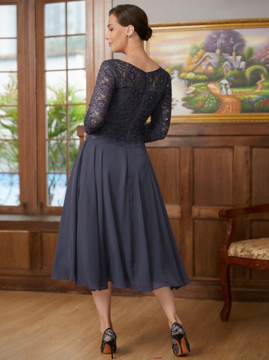 Karly A-Line/Princess Chiffon Lace Scoop 3/4 Sleeves Tea-Length Mother of the Bride Dresses DGP0020347