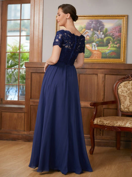 Jean A-Line/Princess Chiffon Lace V-neck Short Sleeves Floor-Length Mother of the Bride Dresses DGP0020311