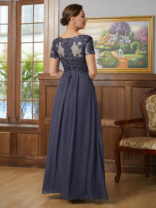 Marely A-Line/Princess Chiffon Applique V-neck Short Sleeves Floor-Length Mother of the Bride Dresses DGP0020337