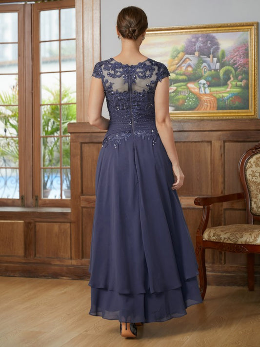 Lily A-Line/Princess Chiffon Applique Scoop Short Sleeves Asymmetrical Mother of the Bride Dresses DGP0020307