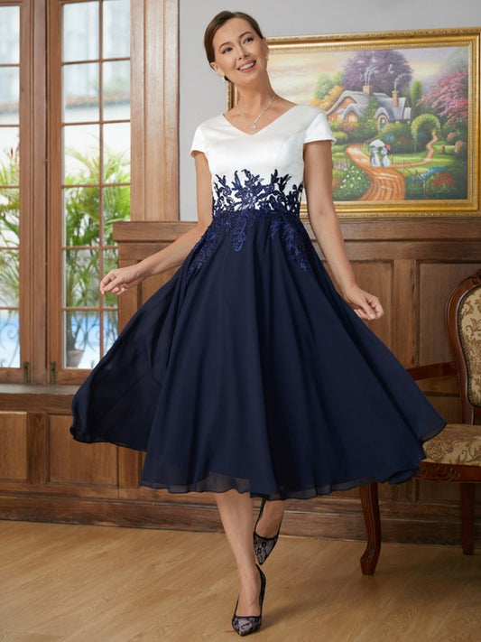 Harper A-Line/Princess Chiffon Applique V-neck Short Sleeves Tea-Length Mother of the Bride Dresses DGP0020349