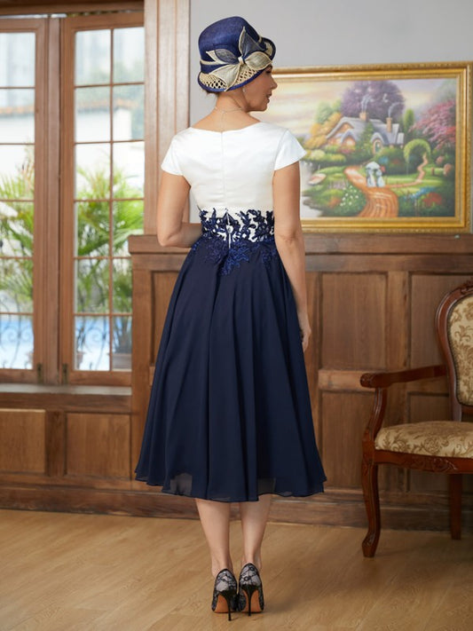 Harper A-Line/Princess Chiffon Applique V-neck Short Sleeves Tea-Length Mother of the Bride Dresses DGP0020349