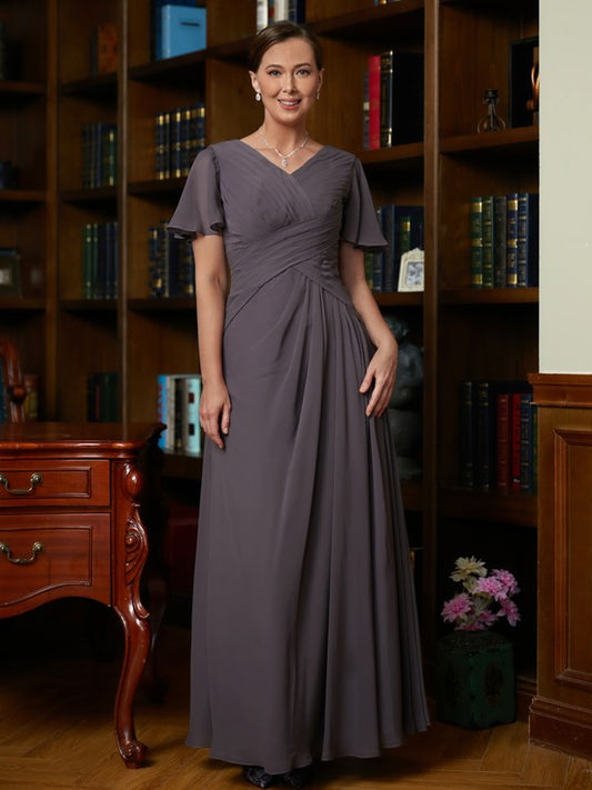 Kinsley A-Line/Princess Chiffon Ruched V-neck Short Sleeves Floor-Length Mother of the Bride Dresses DGP0020304