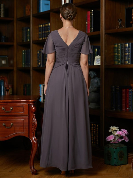 Kinsley A-Line/Princess Chiffon Ruched V-neck Short Sleeves Floor-Length Mother of the Bride Dresses DGP0020304