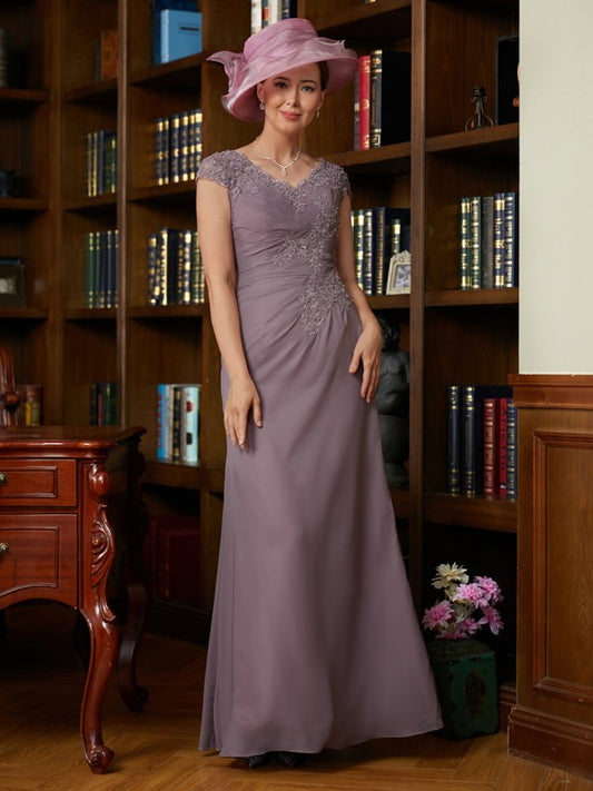 Nevaeh Sheath/Column Chiffon Lace V-neck Short Sleeves Floor-Length Mother of the Bride Dresses DGP0020339