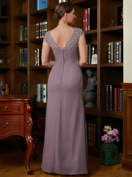 Nevaeh Sheath/Column Chiffon Lace V-neck Short Sleeves Floor-Length Mother of the Bride Dresses DGP0020339