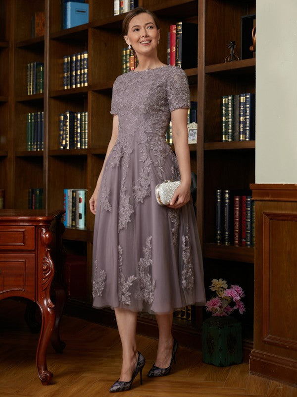 Stella A-Line/Princess Chiffon Lace Scoop Short Sleeves Tea-Length Mother of the Bride Dresses DGP0020302