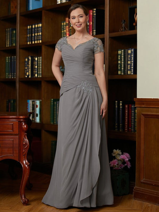 Valentina A-Line/Princess Chiffon Applique Sweetheart Short Sleeves Floor-Length Mother of the Bride Dresses DGP0020328