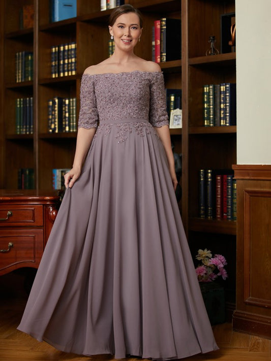 Alexa A-Line/Princess Chiffon Applique Off-the-Shoulder 3/4 Sleeves Floor-Length Mother of the Bride Dresses DGP0020308