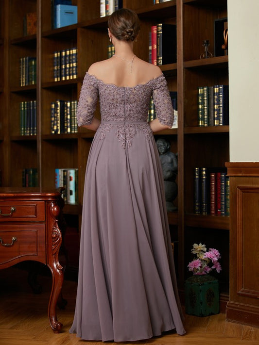 Alexa A-Line/Princess Chiffon Applique Off-the-Shoulder 3/4 Sleeves Floor-Length Mother of the Bride Dresses DGP0020308