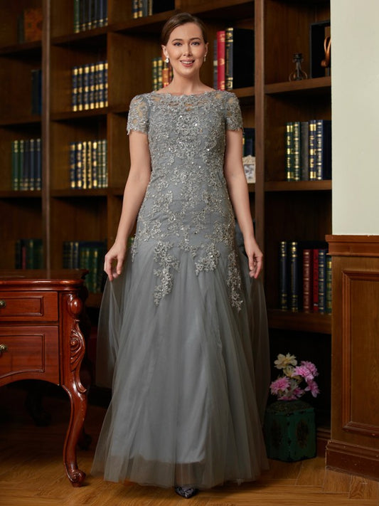 Linda A-Line/Princess Tulle Lace Scoop Short Sleeves Floor-Length Mother of the Bride Dresses DGP0020310