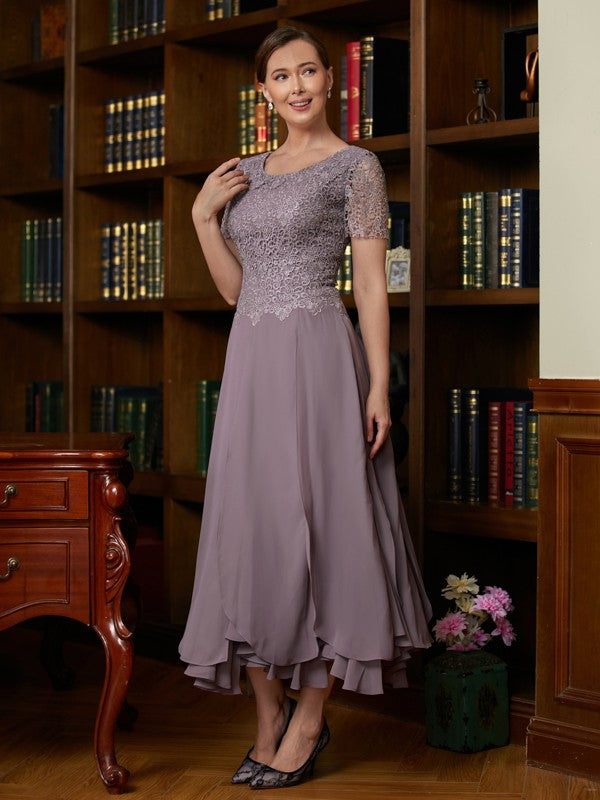 Cali A-Line/Princess Chiffon Lace Scoop Short Sleeves Ankle-Length Mother of the Bride Dresses DGP0020353