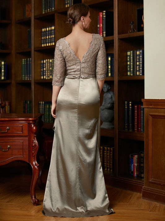 Alexa A-Line/Princess Silk Like Satin Lace V-neck 3/4 Sleeves Sweep/Brush Train Mother of the Bride Dresses DGP0020342