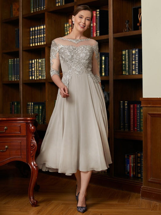 Jade A-Line/Princess Chiffon Lace Scoop 3/4 Sleeves Tea-Length Mother of the Bride Dresses DGP0020300