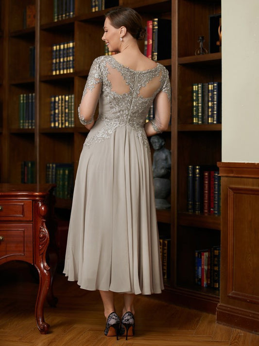 Jade A-Line/Princess Chiffon Lace Scoop 3/4 Sleeves Tea-Length Mother of the Bride Dresses DGP0020300