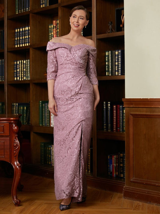 Amara Sheath/Column Satin Lace Off-the-Shoulder 3/4 Sleeves Floor-Length Mother of the Bride Dresses DGP0020343