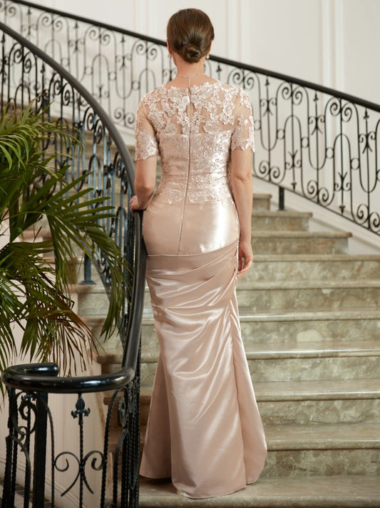 Audrey Sheath/Column Satin Lace Sweetheart Short Sleeves Floor-Length Mother of the Bride Dresses DGP0020314