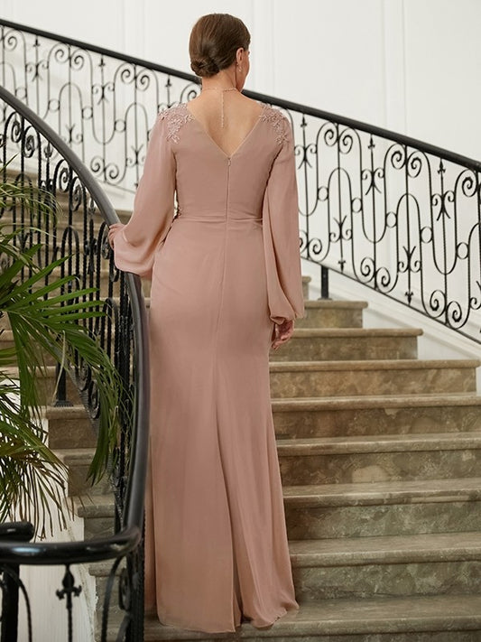 Thirza A-Line/Princess Chiffon Applique V-neck Long Sleeves Floor-Length Mother of the Bride Dresses DGP0020313